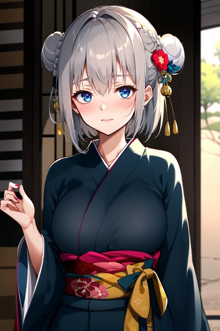 05779-3523657166-japanese_clothes, kimono, 1girl, solo, looking_at_viewer, white_kimono, floral_print, hair_bun, upper_body, blush, sash, eyebrow.png